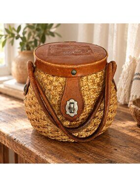 Vintage Woven Straw Leather Basket Purse Mirror Inside Lid Boho Handbag